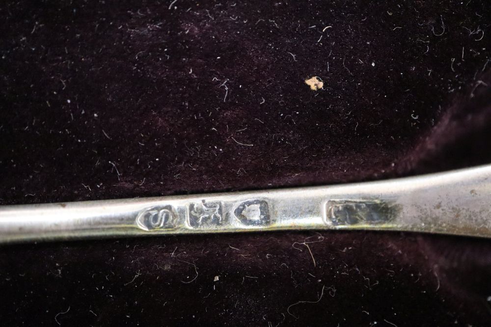 Three Victorian silver beaded old English pattern salt spoons and five other spoons, together with a childs silver spoon and fork (10)